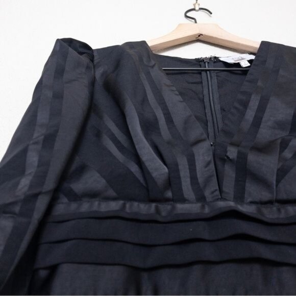 J.O.A Pleated Vneck Mini Dress S Black Jacquard Stripe Ruffle Satin Cocktail - Picture 7 of 9